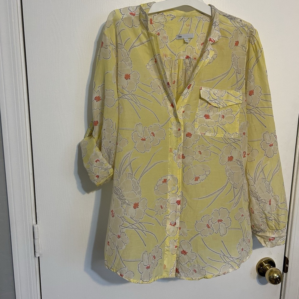 Butter Yellow Long Sleeve Floral Button Up Cotton/silk Summer Cottage Size Large